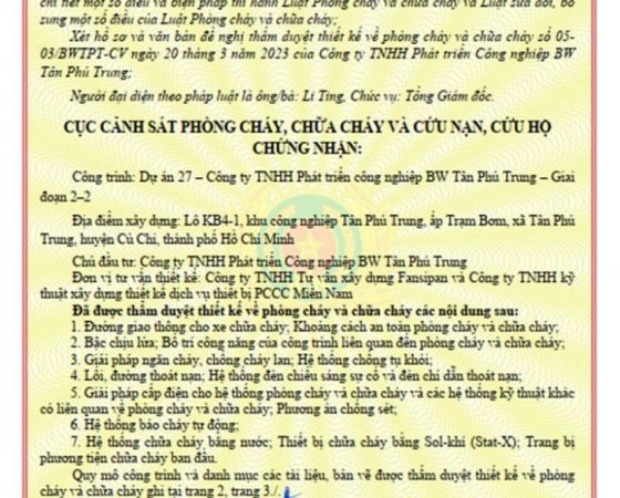 CÔNG TRÌNH: THẨM DUYỆT THIẾT KẾ VỀ PHÒNG CHÁY CHỮA CHÁY - DỰ ÁN 27